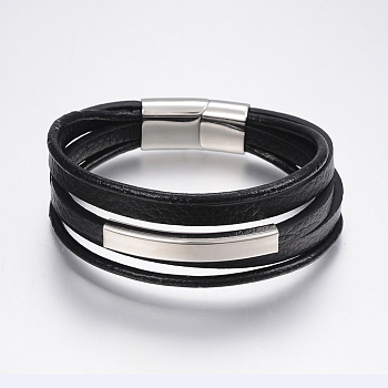 Men's Braided Leather Cord Multi-strand Bracelets, with 304 Stainless Steel Findings, Rectangle, Black, 8-1/4 inch(210mm), 
12~25x3~8mm