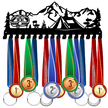 Iron Medal Holder Frame, Medals Display Hanger Rack, 17 Hooks, with Screws, Camping Themed Pattern, 150x400mm