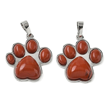 Natural Red Jasper Pendants, Brass Pawprint Charms, Platinum, Rack Plating, 28x24.5~25x5.5~6mm, Hole: 8~8.5x4.5~5mm