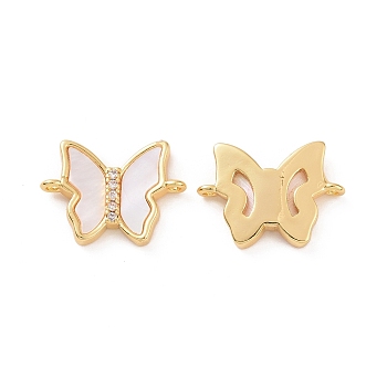 Brass Connector Charms, with Shell, Butterfly Links, Real 18K Gold Plated, 11x15x2.5mm, Hole: 1mm