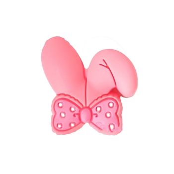 Rabbit Ear with Bowknot Food Grade Eco-Friendly Silicone Focal Beads, Silicone Teething Beads, Pink, 26x26mm