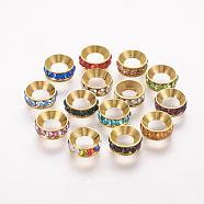 Brass Spacer Beads with Grade A Rhinestone, Flat Round, Mixed Color, Mixed Color, 9x4mm, Hole: 4mm(RB-K050-9mm-B02)