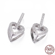 Rhodium Plated 925 Sterling Silver Pendant Bails, with Cubic Zirconia, with 925 Stamp, Ice Pick Pinch Bails, Heart, Clear, Platinum, 10.5x9x9mm, Hole: 3.5x2.5mm, Pin: 1mm, Inseam Length: 7x6mm(STER-L058-024P)