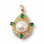Natural Cultured Freshwater Pearl Pendants, with Brass Micro Pave Cubic Zirconia Findings, Golden, Teardrop, Green, 27x20x10mm, Hole: 4x3mm(KK-D084-09G)