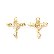 Brass Micro Pave Cubic Zirconia Charms, with Jump Ring, Key with Wing Charm, Golden, 13x13x2.2mm, Hole: 3mm(KK-C018-02G)