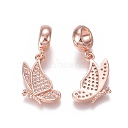 Brass Micro Pave Clear Cubic Zirconia European Dangle Charms, Large Hole Pendants, Butterfly, Rose Gold, 25mm, Hole: 5mm, Butterfly: 17x12x2mm(ZIRC-I036-23RG)