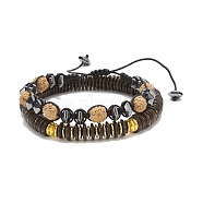 Wood Beaded Bracelet Sets, with Non-magnetic Synthetic Hematite Beads and Nylon Thread, Inner Diameter: 2~2-7/8 inch(5~7.2cm), 2-1/4 inch(5.7cm), 2pcs/set(BJEW-JB08349)