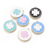 Golden Plated Brass Enamel Pendants, Flat Round with Clover, Mixed Color, 27.5x24.5x3mm, Hole: 1.8mm(KK-F807-10-G)