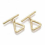 Brass Toggle Clasps, with Jump Rings, Nickel Free, Triangle, Real 18K Gold Plated, Triangle: 14.5x13x1.5mm, Hole: 1.2mm, Bar: 21x2x1mm, Hole: 1.2mm, Jump Ring: 5x0.8mm.(KK-T051-21G-NF)