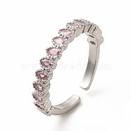 Pink Cubic Zirconia Teardrop Open Cuff Ring, Rack Plating Brass Jewelry for Women, Lead Free & Cadmium Free, Platinum, US Size 8 1/2(18.5mm)(RJEW-F142-06P)