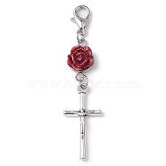 Alloy Crucifix Cross Pendant Decorations, with Rose 304 Stainless Steel & Resin Link and Alloy Lobster Claw Clasps, Mixed Color, 60.5mm(HJEW-JM01146)