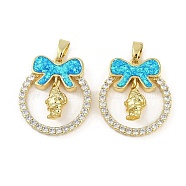 Christmas Theme Rack Plating Brass Micro Pave Cubic Zirconia Pendants, with Synthetic Opal, Long-Lasting Plated, Lead Free & Cadmium Free, Real 18K Gold Plated, Bowknot with Ring, Santa Claus, 26x22.8x5mm, Hole: 3x5mm(KK-U032-14G-04)