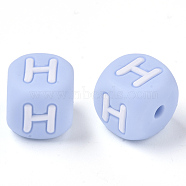 Food Grade Eco-Friendly Silicone Beads, Horizontal Hole, Chewing Beads For Teethers, DIY Nursing Necklaces Making, Letter Style, Cube, Light Sky Blue, Letter.H, 10x10x10mm, Hole: 2mm(SIL-R011-10mm-02H)