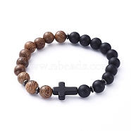 Natural Wood Beads Stretch Bracelets, with Natural Black Agate(Dyed) Beads, Non-Magnetic Synthetic Hematite Beads and Cross Synthetic Turquoise(Dyed) Beads, Inner Diameter: 2-1/8 inch(5.5cm)(BJEW-JB05231-02)