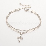 Cross CCB Plastic Charm Multi-strand Anklets, with Iron Chains and Zinc Alloy Lobster Claw Clasps, Platinum, 230mm(AJEW-AN00092-03)