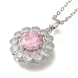 304 Stainless Steel Cable Chain Necklaces, Brass Clear Cubic Zirconia Flower Pendant Necklaces, Platinum & Stainless Steel Color, Pink, 17.91 inch(45.5cm)(NJEW-H040-18P-03)