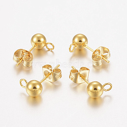 304 Stainless Steel Stud Earring Findings, with Loop, Ear Nuts/Earring Backs, Round, Real 24K Gold Plated, 8x5mm, Hole: 2mm, Pin: 0.8mm(X-STAS-F162-49G)