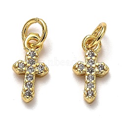 20Pcs Brass Micro Pave Cubic Zirconia Tiny Cross Charms, with Jump Rings, Long-Lasting Plated, Real 18K Gold Plated, 12x6x2mm, Hole: 3mm(ZIRC-SZ0001-84)