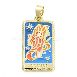 Rack Plating Brass Micro Pave Clear Cubic Zirconia Pendants, with Enamel, Cadmium Free & Lead Free, Real 18K Gold Plated, Rectangle with Constellations Charm, Gemini, 27x15x2mm, Hole: 3.5x6mm(KK-S371-02G-03)