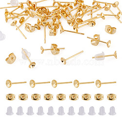 50Pcs Brass Earring Settings, Flat Round, Nickel Free, 50Pcs Plastic and Silicone Ear Nuts, 50Pcs Rack Plating Brass Friction Ear Nuts, Real 18K Gold Plated, Tray: 4mm, 4mm, Pin: 0.8mm(KK-TA0008-38C)