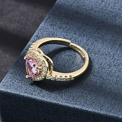 Brass Micro Pave Cubic Zirconia Cuff Open Rings, Heart, Golden, 17mm(CU-CBA5C10-04G)