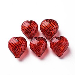 Transparent Handmade Blown Glass Globe Beads, Stripe Pattern, Heart, Dark Red, 22.5~24.5x20~22x15~17mm, Hole: 1.6~2mm(X-GLAA-T012-42)