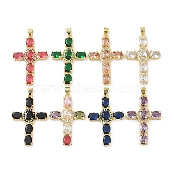 Real 18K Gold Plated Brass Micro Pave Cubic Zirconia Pendants, with Glass, Cross, Mixed Color, 35x23x5mm, Hole: 3.3x4.1mm(KK-A209-30G)