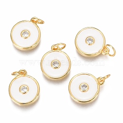 Brass Micro Pave Clear Cubic Zirconia Charms, Long-Lasting Plated, with Enamel & Jump Rings, Flat Round, Real 18K Gold Plated, White, 13.2x11x2.7mm, Hole: 3mm, Jump Ring: 5x0.8mm(ZIRC-B002-32G-C)