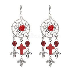 Woven Web/Net with Cross & Skull Synthetic Turquoise Dangle Earrings, Halloween Alloy & Brass Earrings for Women, Red, 88x29mm(EJEW-JE05865-01)