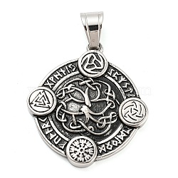 316L Surgical Stainless Steel Pendants, Flat Round with Viking Runes & Tree & Valknut Charm, Antique Silver, 39.5x35.5x4mm, Hole: 10x7mm(STAS-D012-01AS)