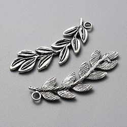 Tibetan Style Alloy Big Pendants, Olive Branch Charm, Antique Silver, 52x18x3mm, Hole: 2.8mm(TIBEP-WH0004-09)