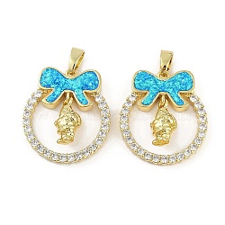 Christmas Theme Rack Plating Brass Micro Pave Cubic Zirconia Pendants, with Synthetic Opal, Long-Lasting Plated, Lead Free & Cadmium Free, Real 18K Gold Plated, Bowknot with Ring, Santa Claus, 26x22.8x5mm, Hole: 3x5mm(KK-U032-14G-04)