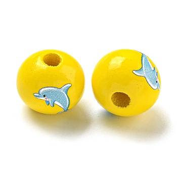 Natural Wood European Beads, Ocean Theme Printed lotus Beads, Large Hole Beads, Yellow, Dolphin, 16x15mm, Hole: 4mm