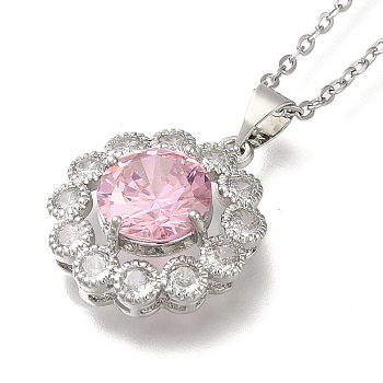 304 Stainless Steel Cable Chain Necklaces, Brass Clear Cubic Zirconia Flower Pendant Necklaces, Platinum & Stainless Steel Color, Pink, 17.91 inch(45.5cm)