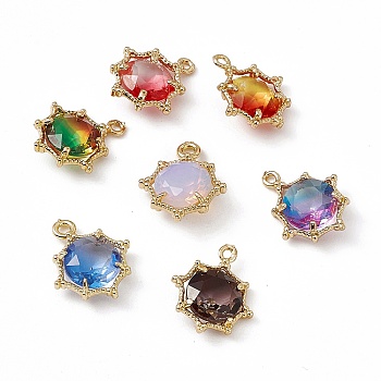Sun K9 Glass Charms, Faceted, with Light Gold Tone Brass Edge, Mixed Color, 15x12.5x5mm, Hole: 1.6mm