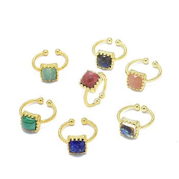 Adjustable Natural Gemstone Finger Rings, with Brass Findings, Square, Golden, Size 7, 17.5~18.5mm