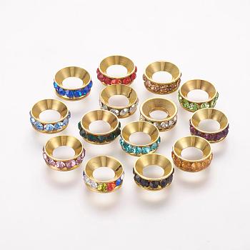 Brass Spacer Beads with Grade A Rhinestone, Flat Round, Mixed Color, Mixed Color, 9x4mm, Hole: 4mm