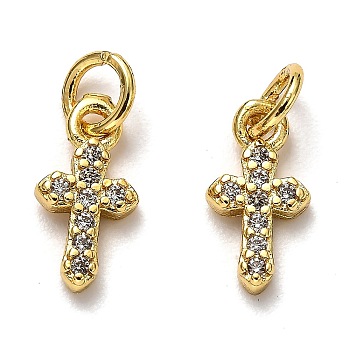 20Pcs Brass Micro Pave Cubic Zirconia Tiny Cross Charms, with Jump Rings, Long-Lasting Plated, Real 18K Gold Plated, 12x6x2mm, Hole: 3mm