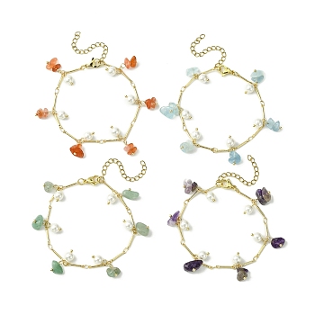 4Pcs 4 Style Natural Mixed Gemstone Chips & Shell Pearl Charm Bracelets Set for Women, 7-1/2 inch(19cm), 1Pc/style