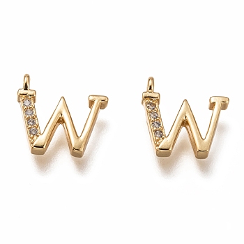 Brass Micro Pave Clear Cubic Zirconia Charms, Cadmium Free & Lead Free, Long-Lasting Plated, Alphabet, Letter.W, 11x11x3mm, Hole: 1.4mm