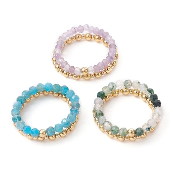 3 Set 3 Style Natural Mixed Gemstone & Brass Round Beaded Stretch Rings Set, Stackable Rings, Inner Diameter: 21mm, 2Pcs/set, 1 Set/style