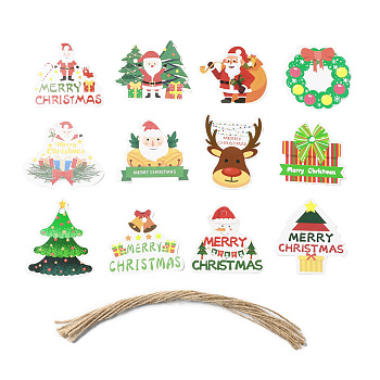 Christmas Theme Paper Big Pendant Decorations, Hemp Rope Hanging Ornament, Mixed Shapes, Pendant: 49~62x47~61x0.3mm, 12pcs/set