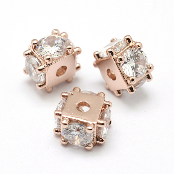 Brass Micro Pave Grade AAA Cubic Zirconia Beads, Cube, Lead Free & Nickel Free & Cadmium Free, Real Rose Gold Plated, 6x8x8mm, Hole: 1.5mm