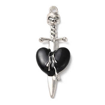 Alloy Enamel Pendants, Antique Silver, Heart with Sword Charm, 52x18x5mm, Hole: 2mm