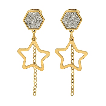 Ion Plating(IP) 304 Stainless Steel Star Dangle Stud Earrings, with Rhinestone, Golden, 41.3x14.8mm