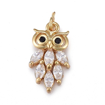Brass Micro Pave Clear Cubic Zirconia Pendants, Owl, Real 18K Gold Plated, 15.3x8.7x4.1mm, Hole: 0.3mm
