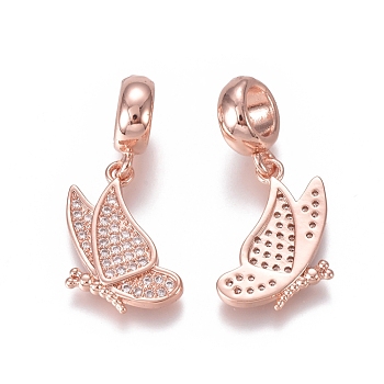Brass Micro Pave Clear Cubic Zirconia European Dangle Charms, Large Hole Pendants, Butterfly, Rose Gold, 25mm, Hole: 5mm, Butterfly: 17x12x2mm