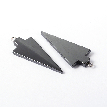 Gemstone Pendants, Non-magnetic Synthetic Hematite Pendants, Grade A, with Iron Findings, Platinum, Triangle, Black, 44x18x4mm, Hole: 2mm