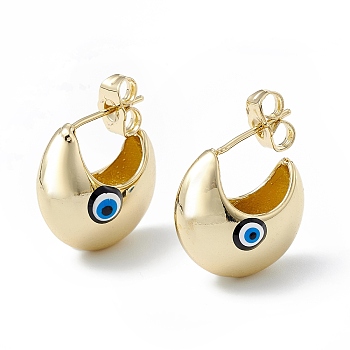 Enamel Crescent Moon with Evil Eye Stud Earrings, Real 18K Gold Plated Brass Half Hoop Earrings for Women, Black, 16.5x18mm, Pin: 1mm