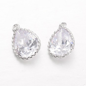 Teardrop Brass Cubic Zirconia Pendants, Platinum, 18x12x6mm, Hole: 1.5mm